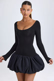 Modal Scoop Neck Drop Waist Bubble Hem Mini Dress in Black