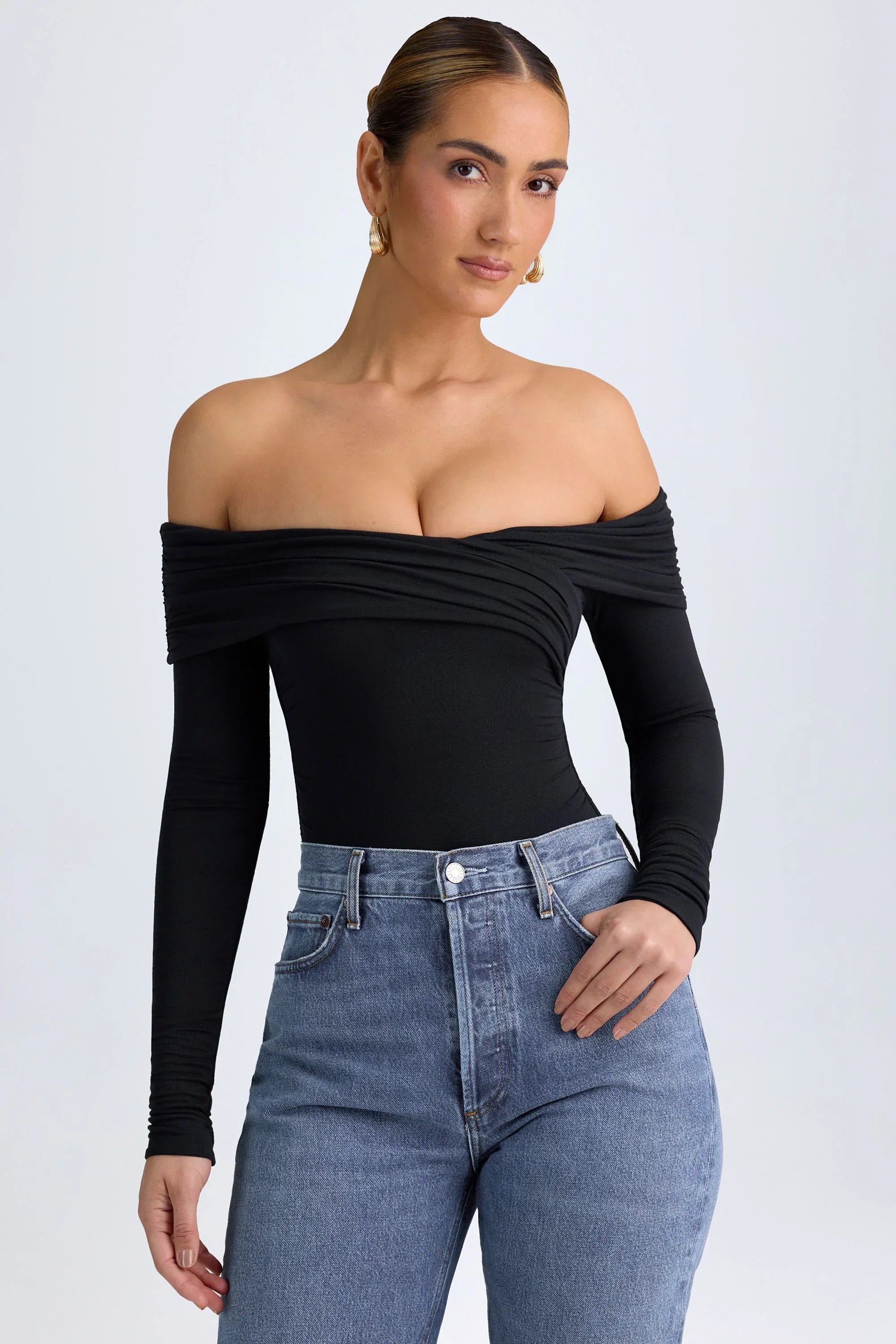 Modal Off Shoulder Ruched Bodysuit in Black