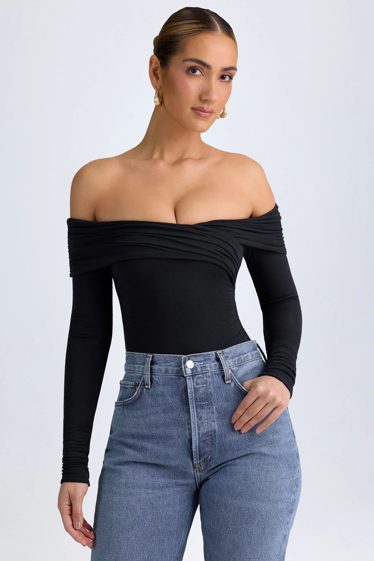 Modal Off Shoulder Ruched Bodysuit in Black
