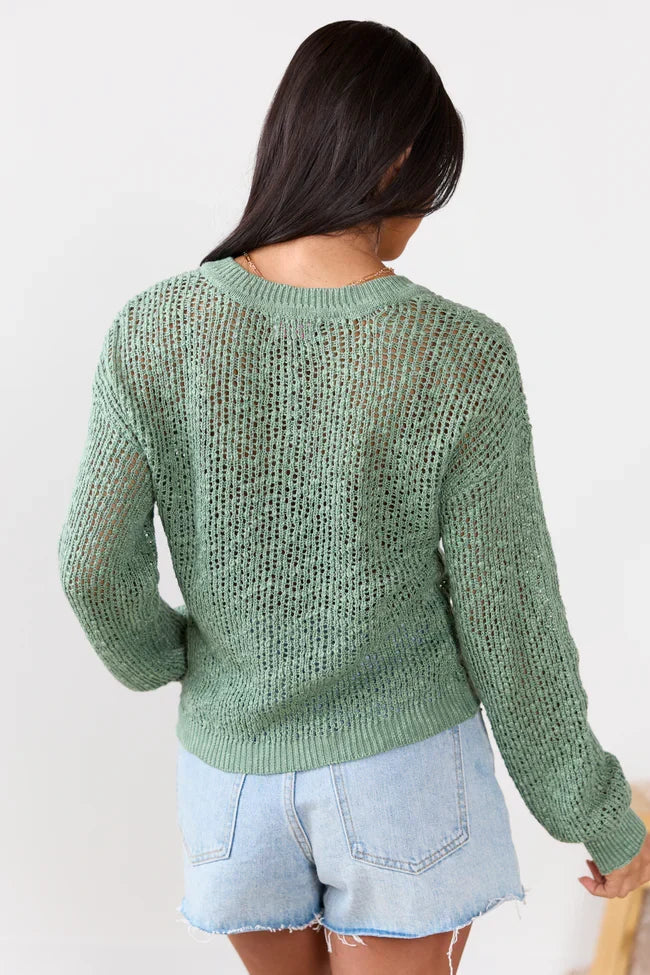 Lotus Long Sleeve Sage Open Knit Henley Sweater SALE