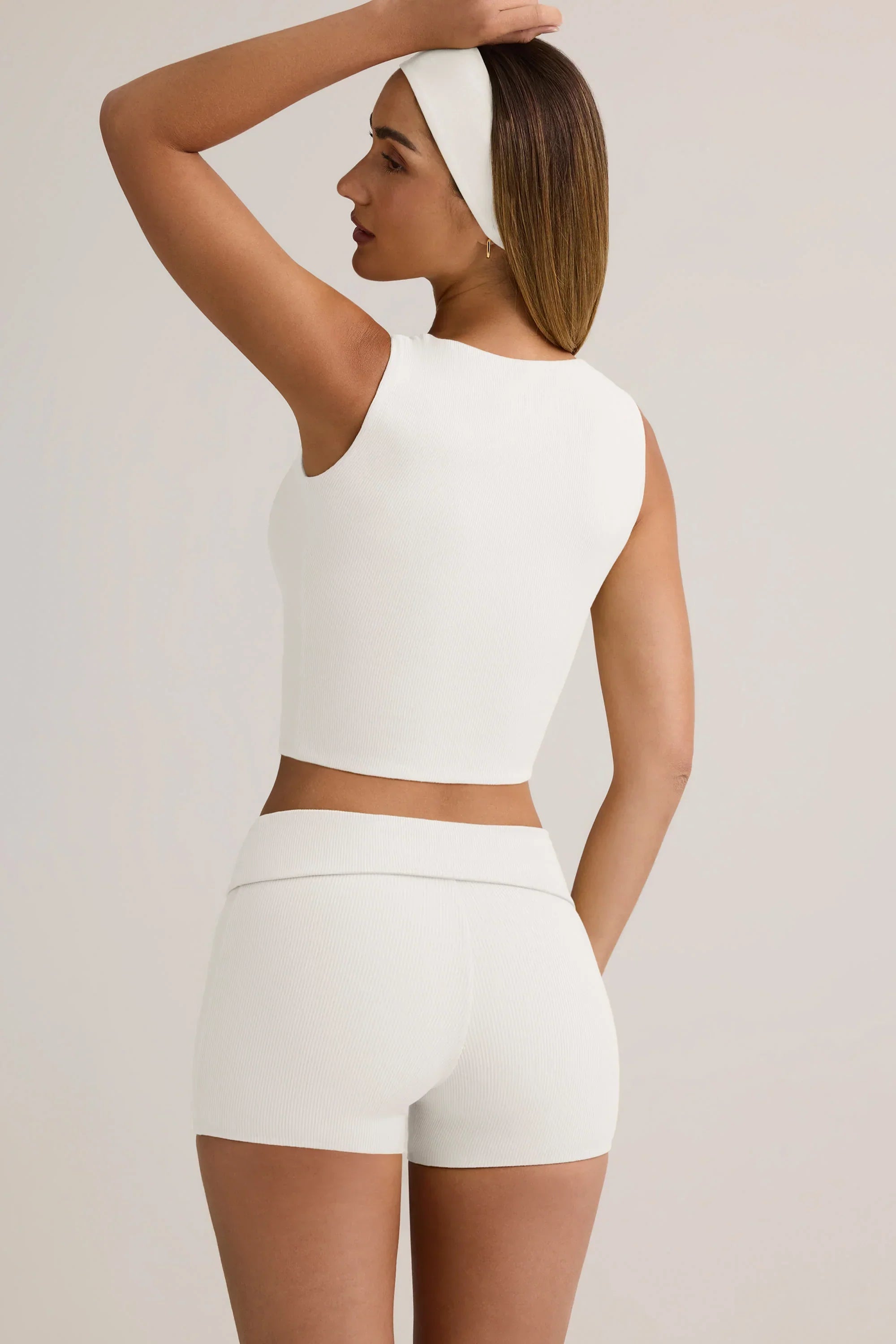 Modal Ribbed Mid Rise Foldover Shorts in White
