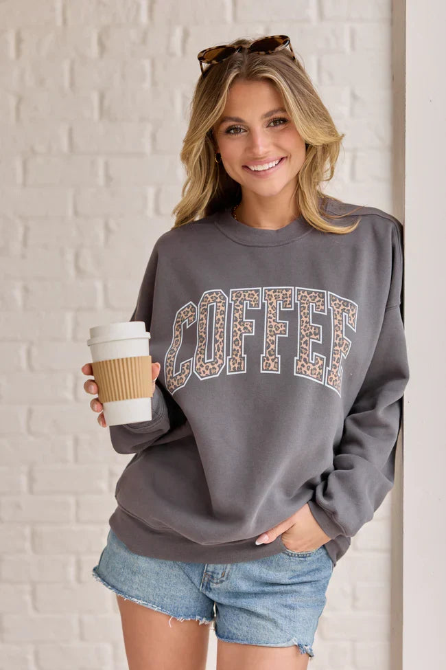Coffee Leopard Print Dark Grey Graphic Sweatshirt