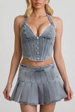 Low Rise Pleated Mini Skirt in Light Blue