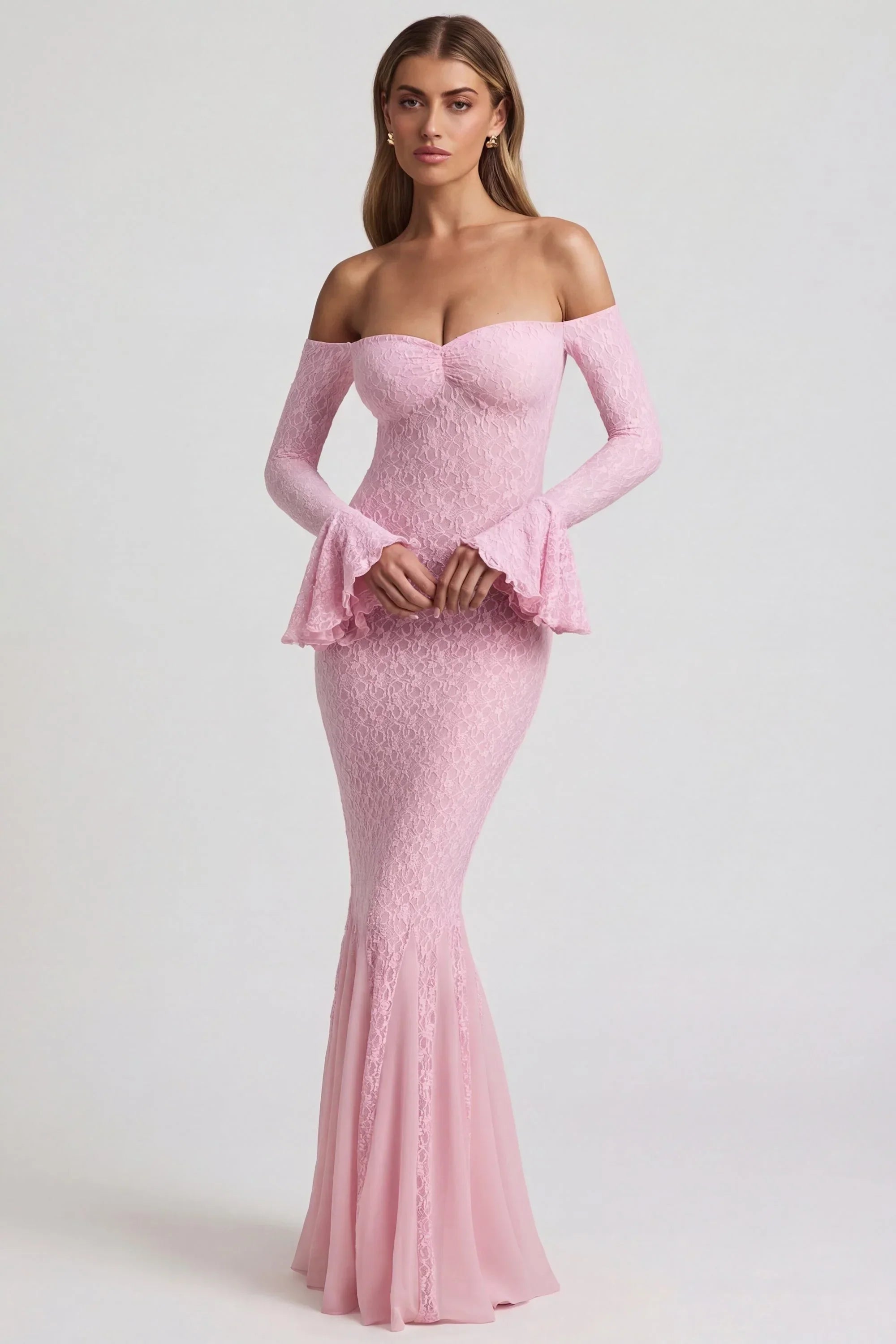 Off Shoulder Ruffle Lace Maxi Dress in Soft Pink