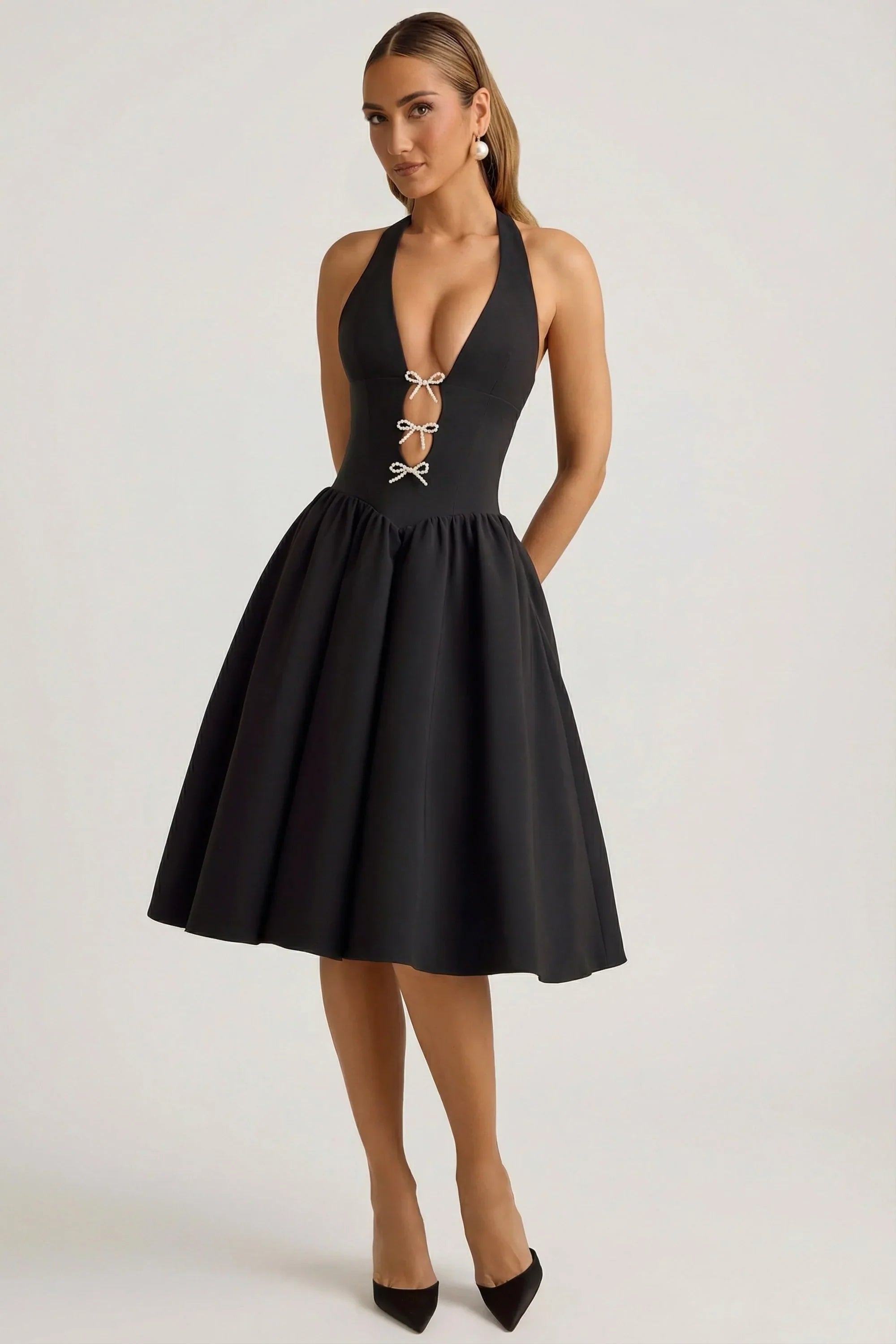 Halterneck Bow Detail Midi Dress in Black