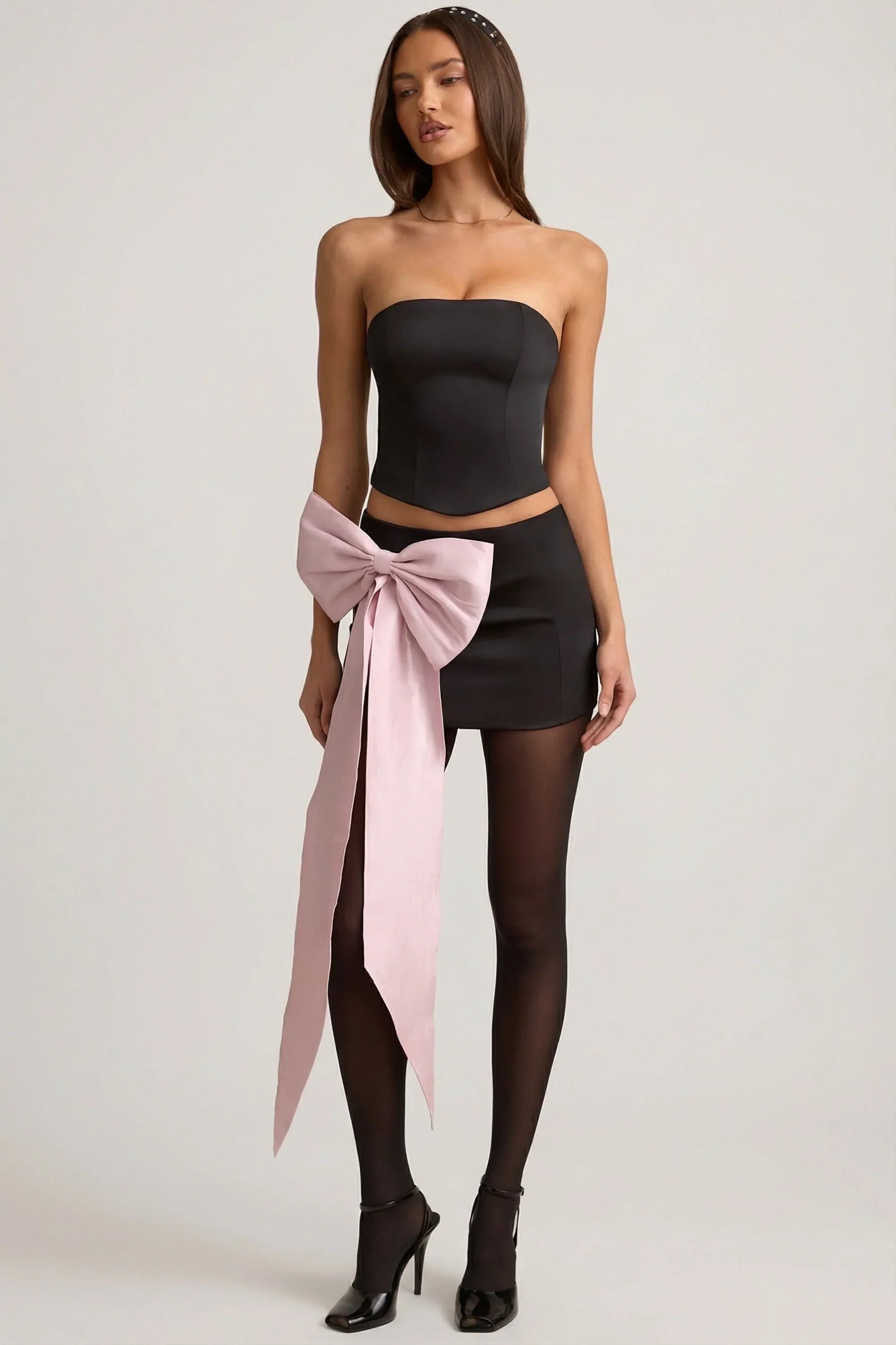 Satin Bow Detail Low Rise Mini Skirt in Black