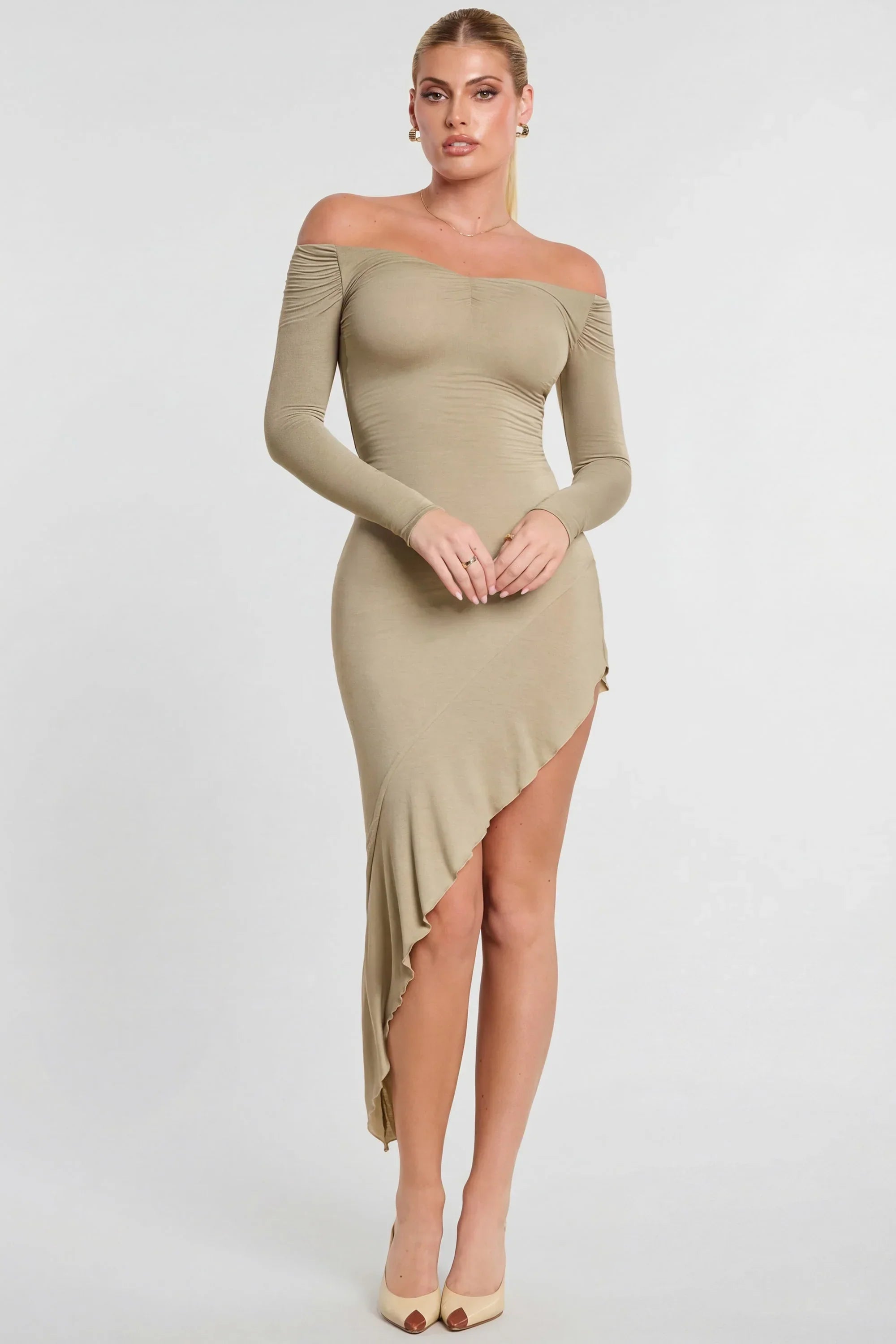 Long Sleeve Off The Shoulder Modal Cashmere Blend Maxi Dress in Taupe