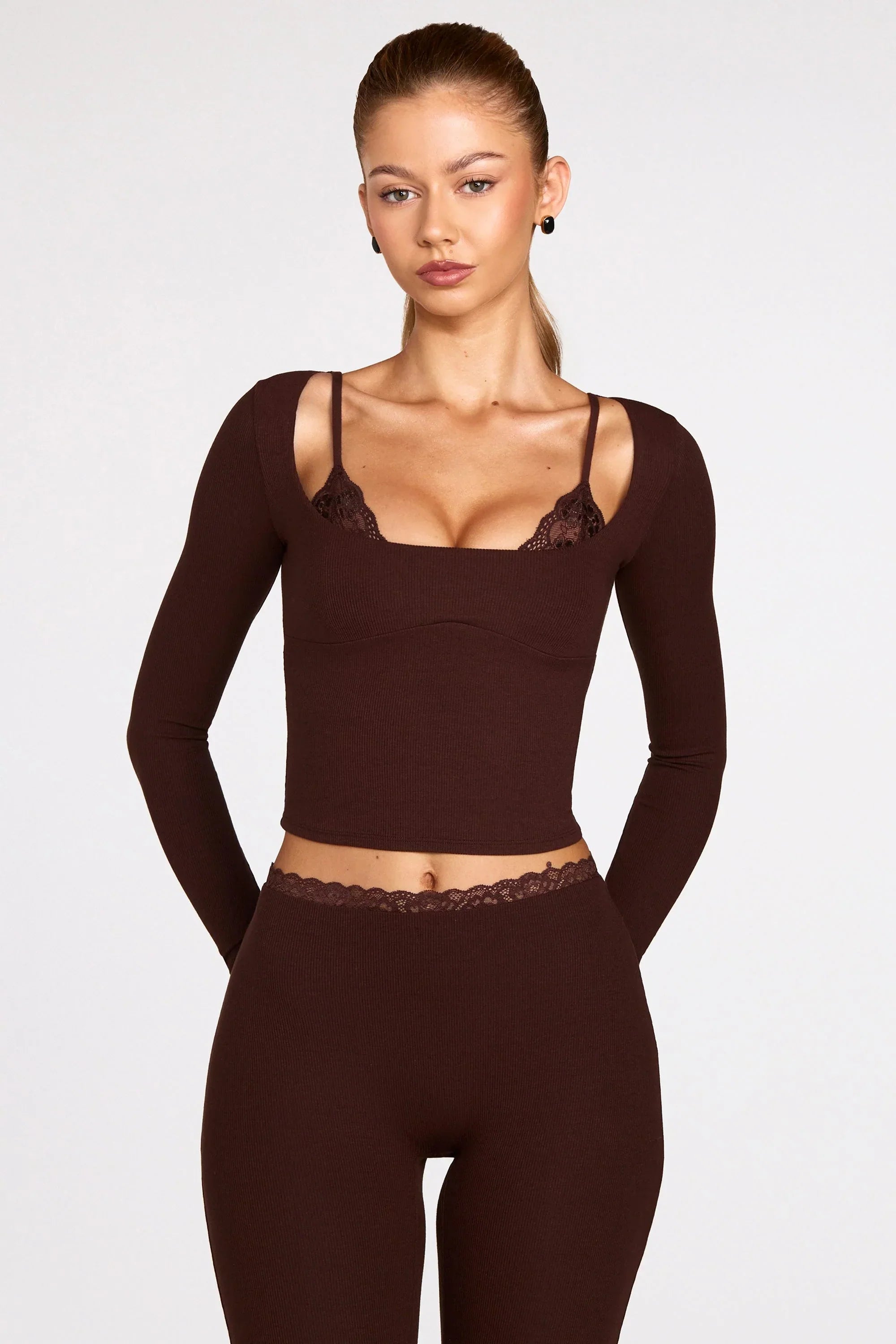 Ribbed Modal Long Sleeve Laced Bra Top in Chocolate Brown
