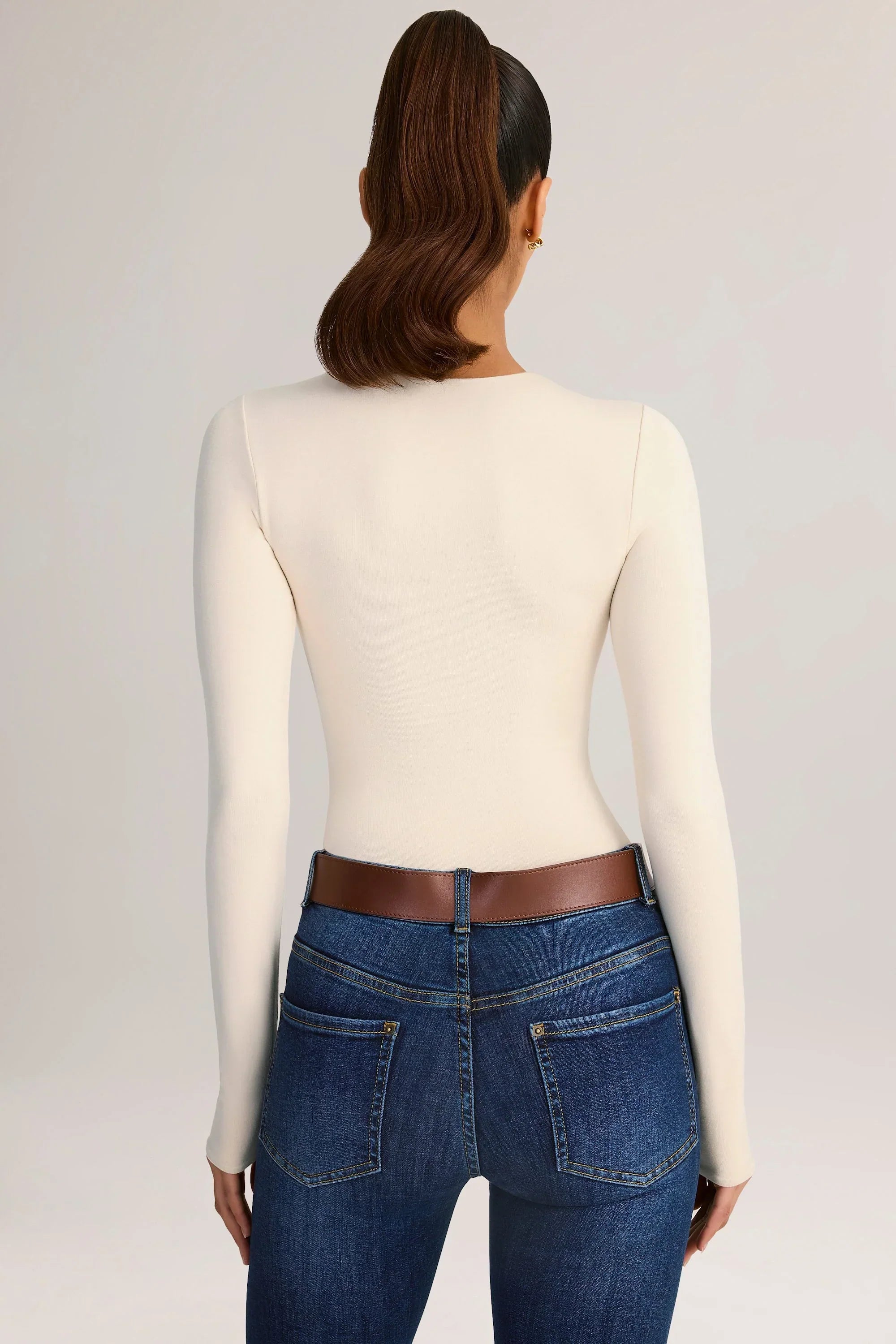 Modal Round Neck Long Sleeve Bodysuit in Cream