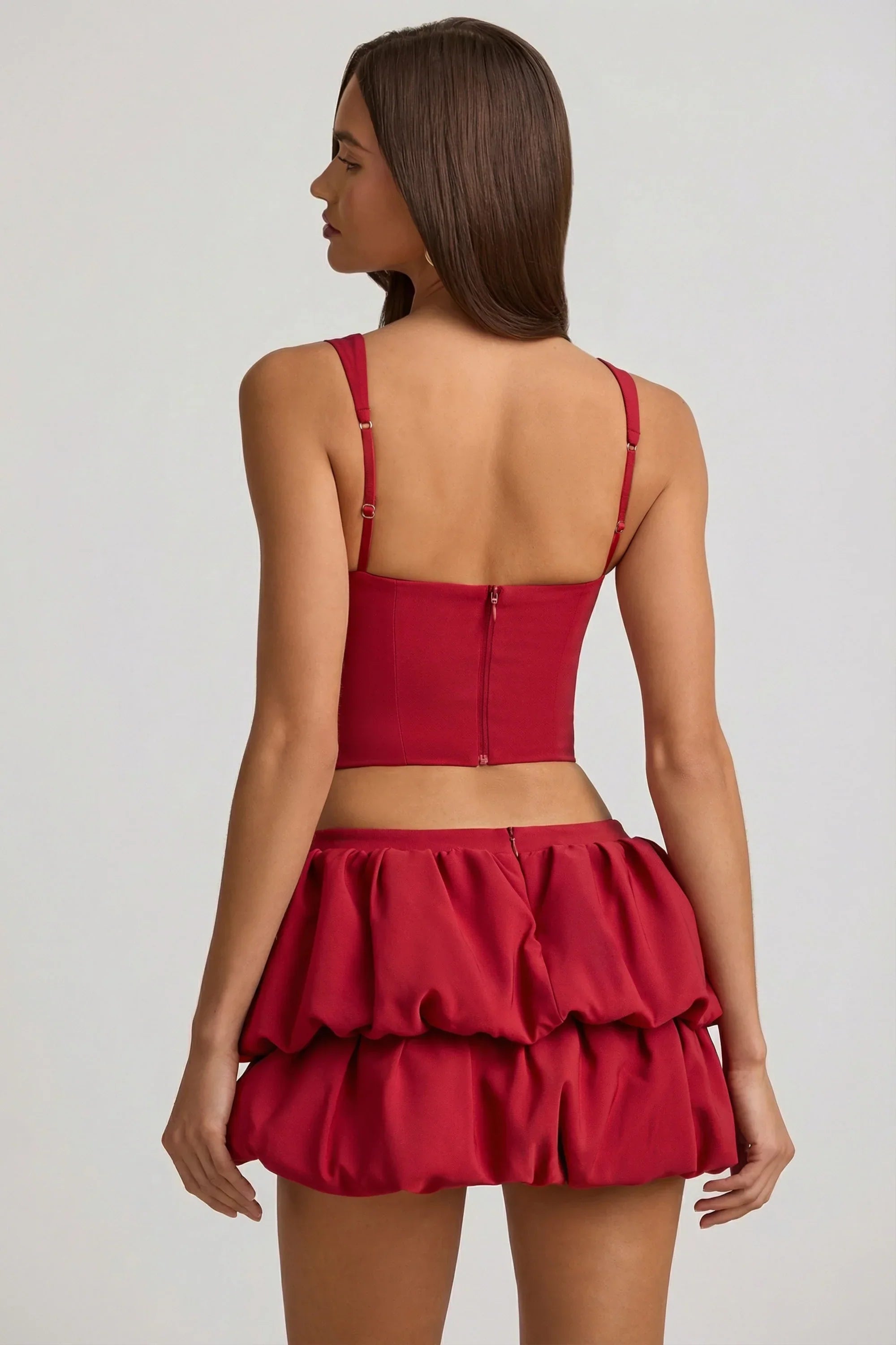Layered Bubble Hem Mid Rise Mini Skirt in True Red