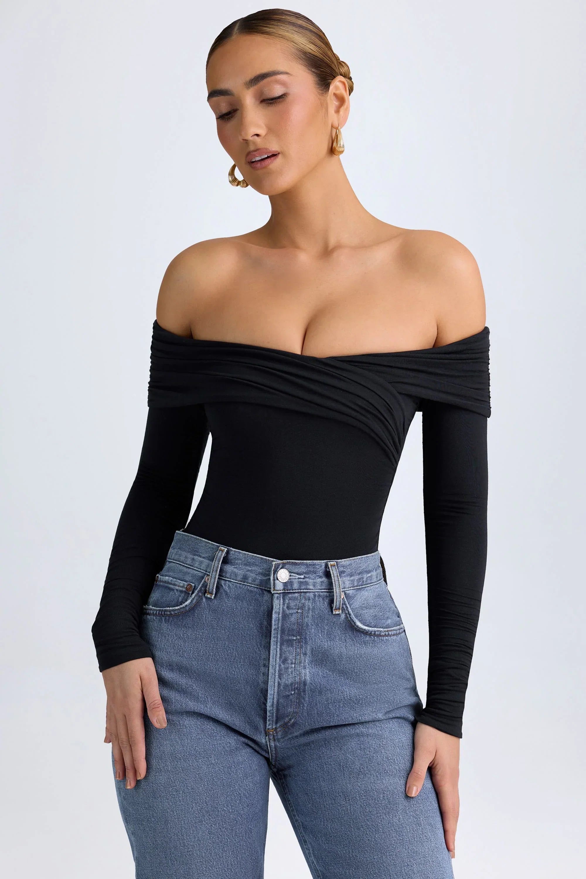 Modal Off Shoulder Ruched Bodysuit in Black
