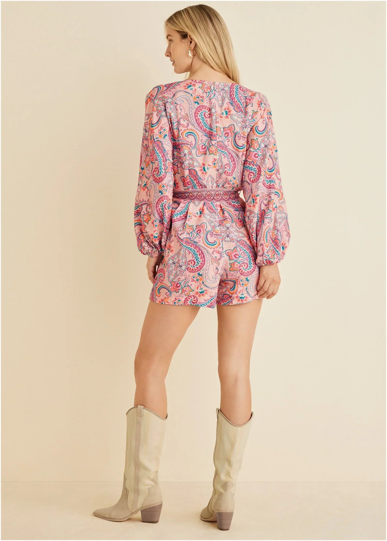 Linen Tie Waist Romper Venetian Paisley