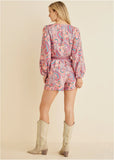 Linen Tie Waist Romper Venetian Paisley