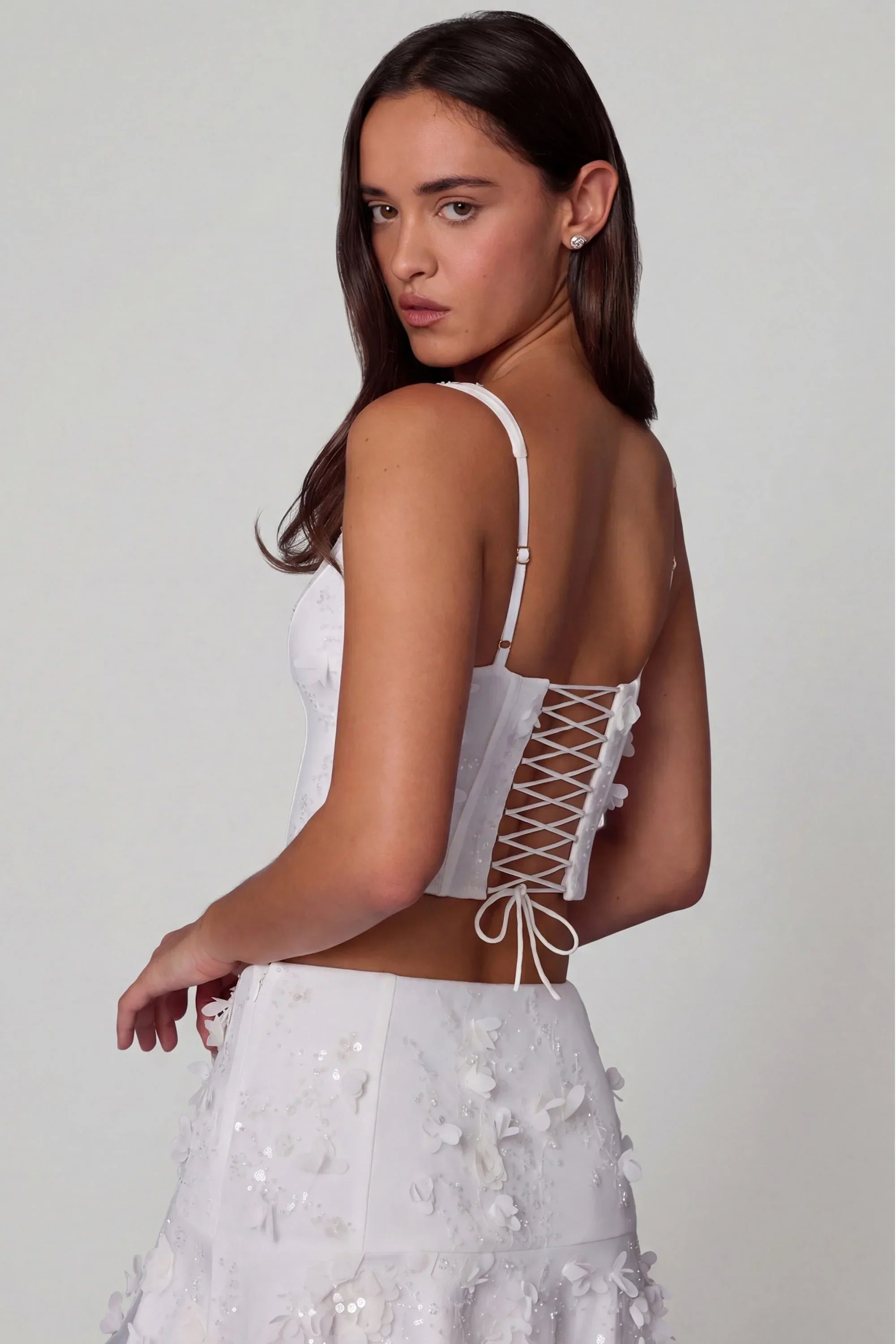 Embellished Lace Up Corset Top in White
