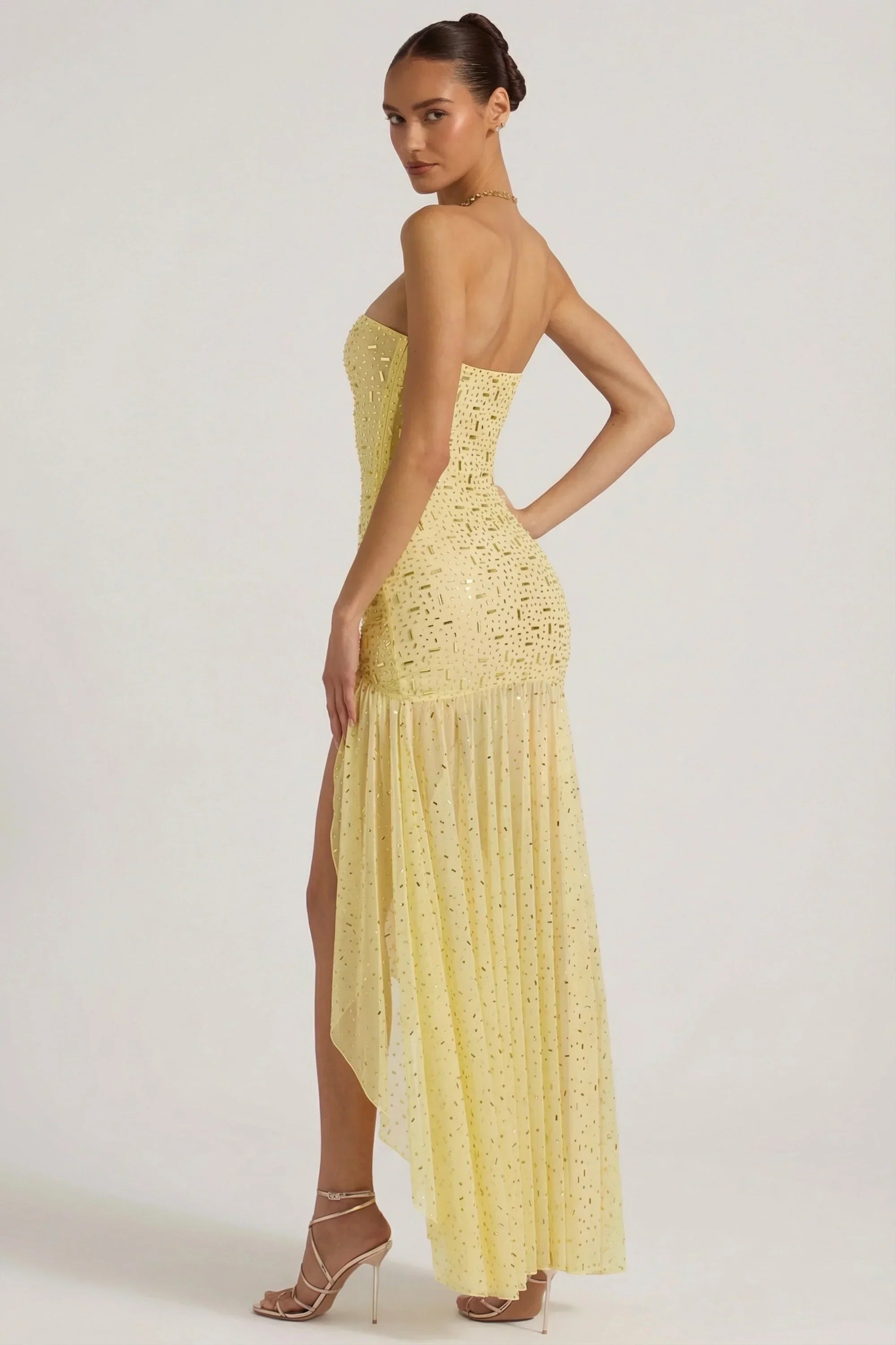 Semi Sheer Embellished Asymmetric Maxi Dress in Yellow