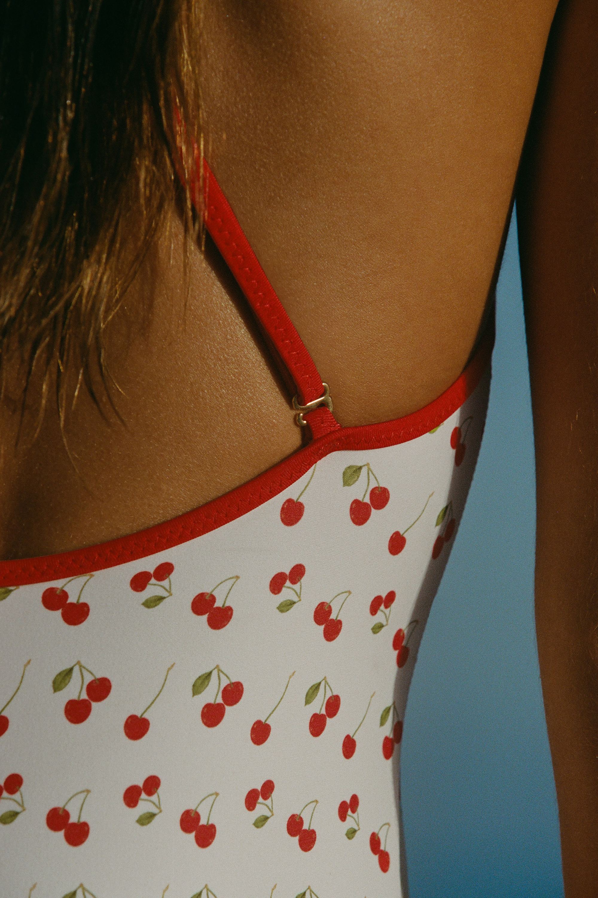 Charm Detail Cross Back Swimsuit in Cherry Print