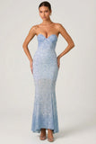 Embellished Sweetheart Neck Fishtail Gown in Sky Blue