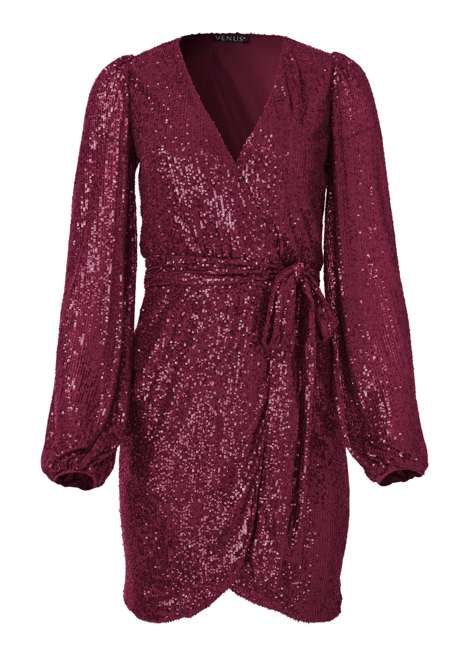 Belted Sequin Wrap Dress Wine