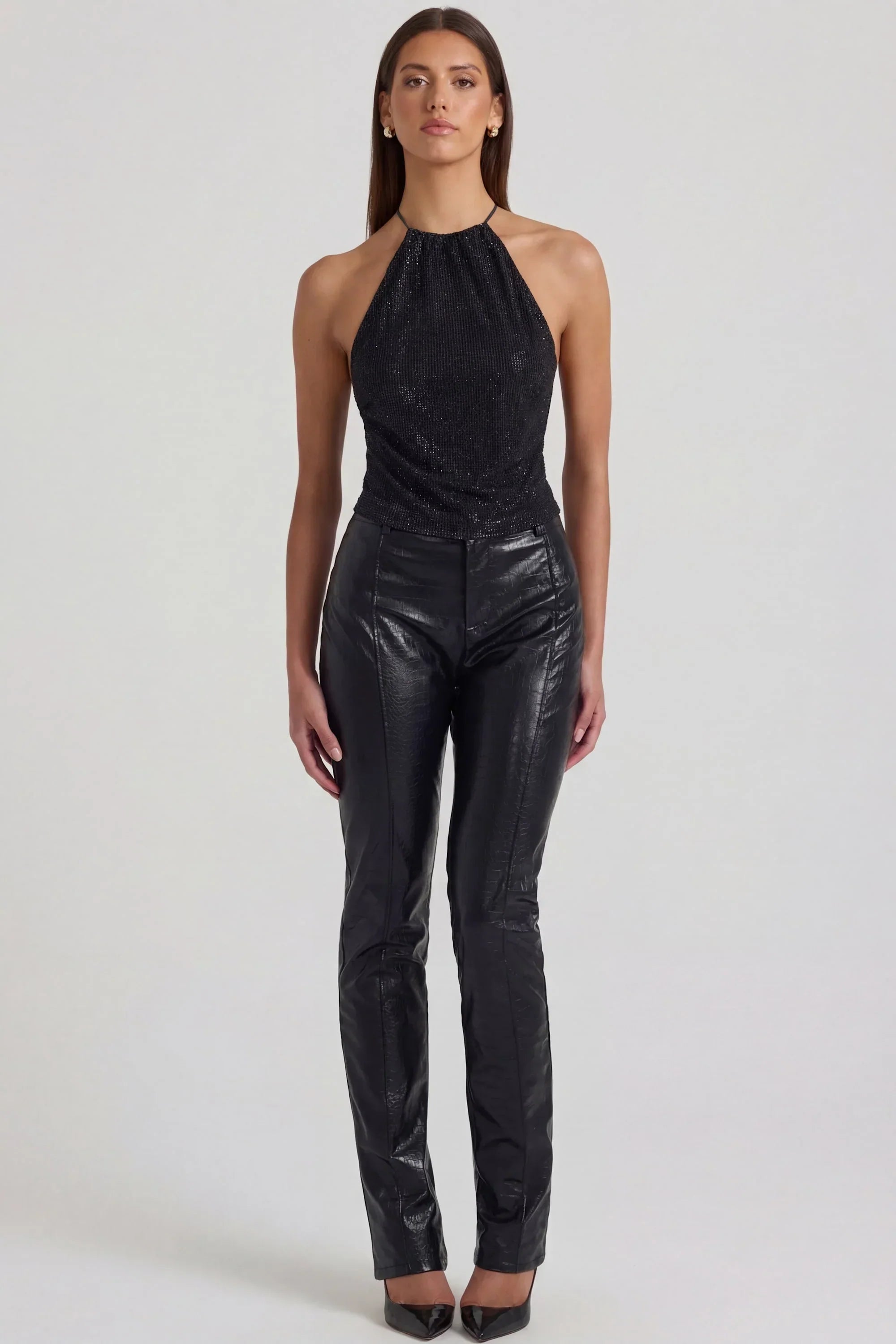 Faux Croc Leather Straight Leg Trousers in Black