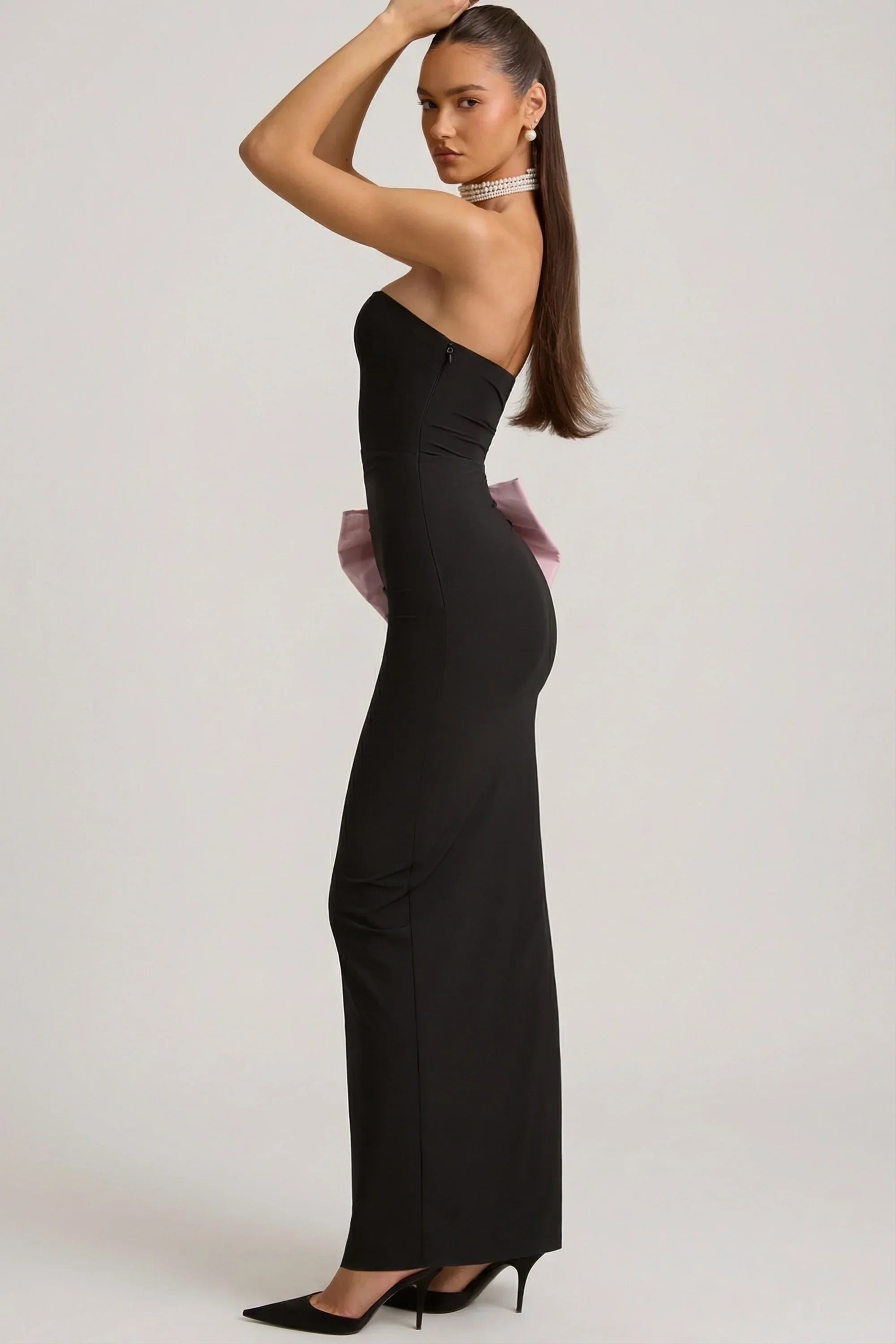 Strapless Bow Detail Maxi Dress in Black
