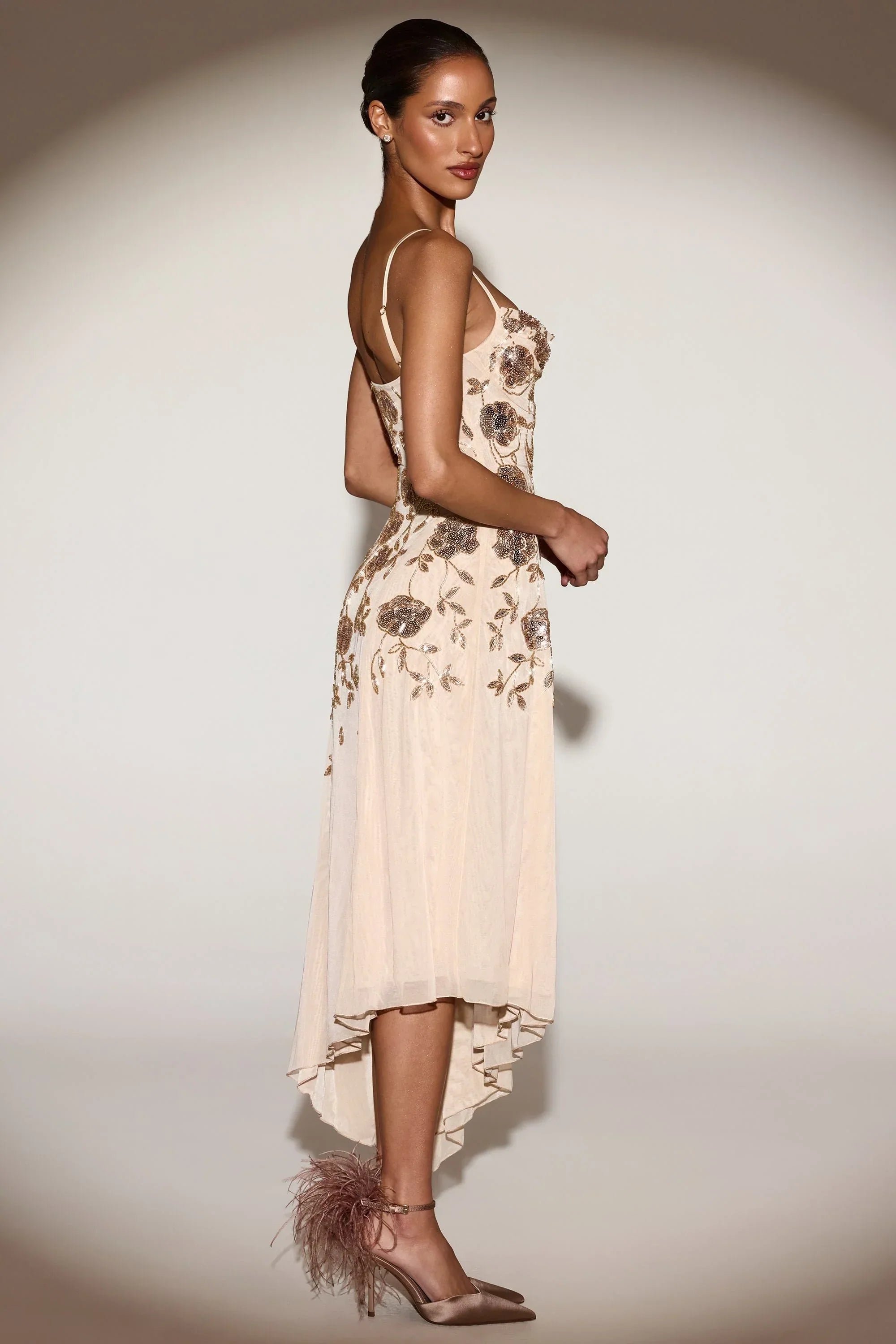 Embellished Soft Scoop Asymmetric Midaxi Dress in Gold