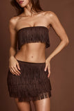 Fringed Mid Rise Mini Skirt in Chocolate Brown