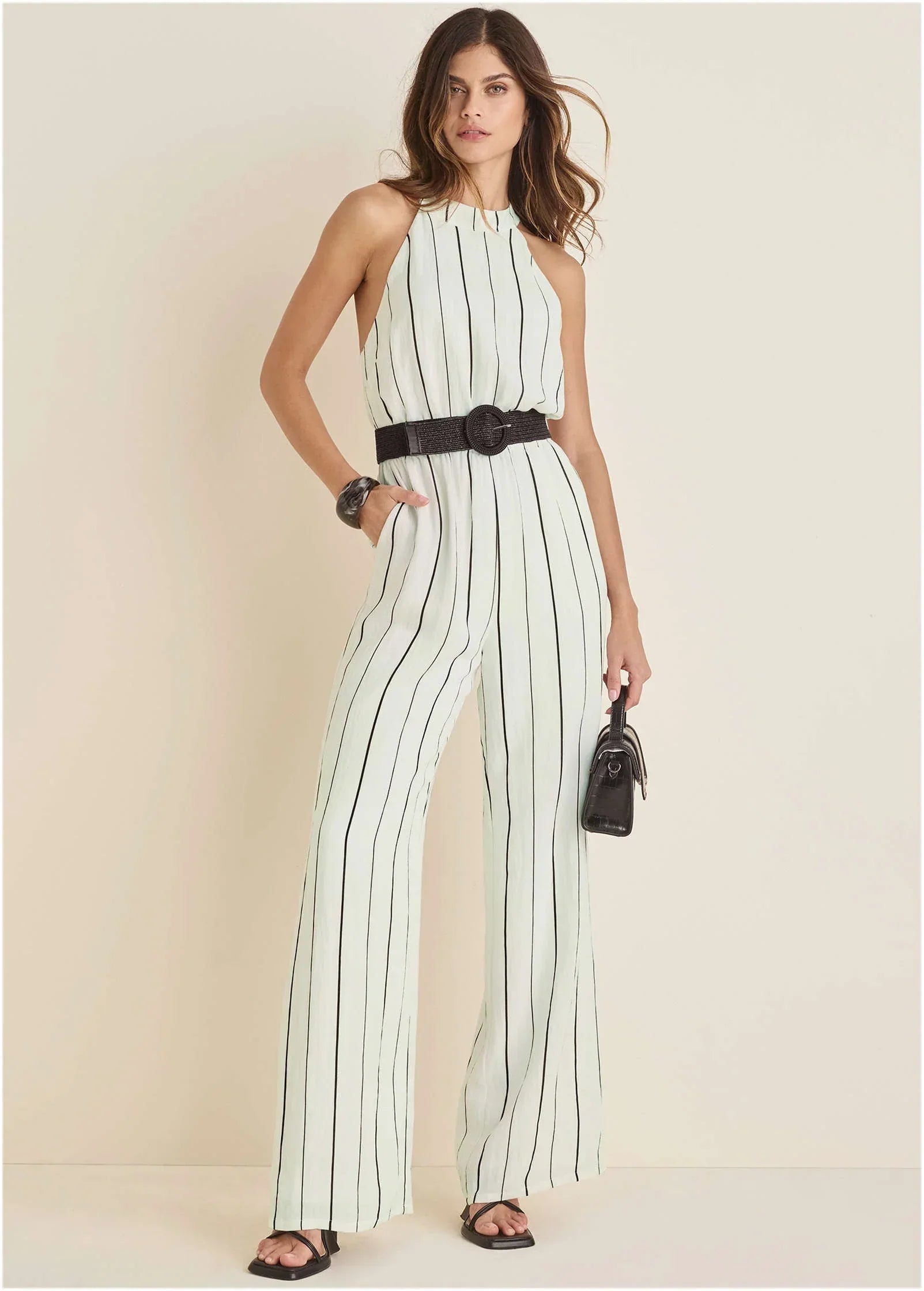 Striped Belted Jumpsuit Black White