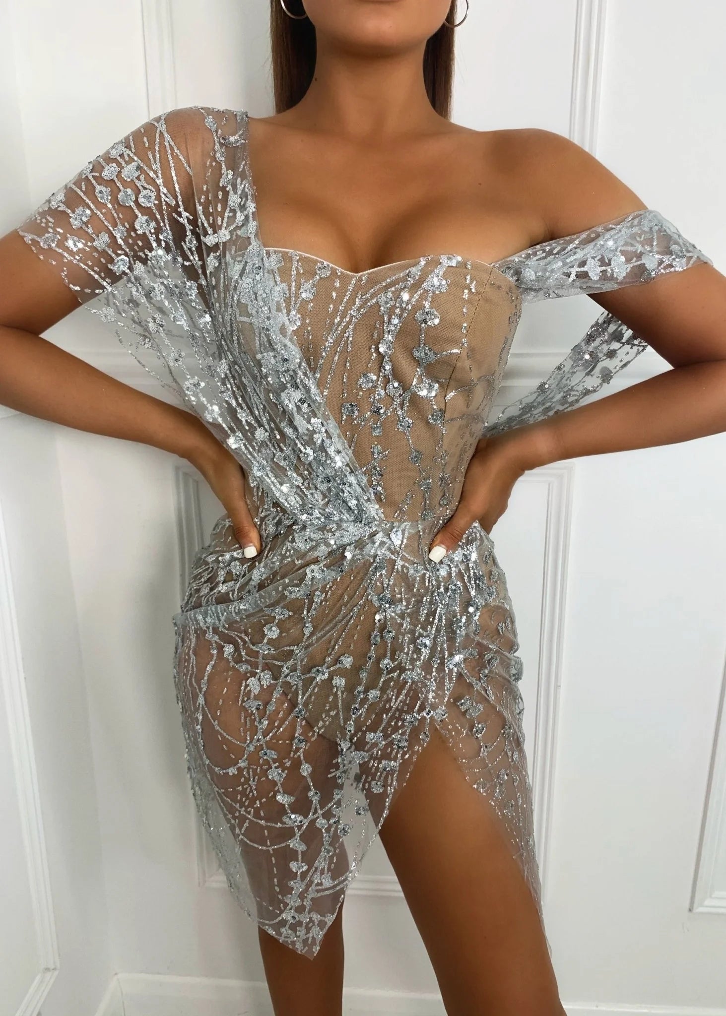 Sparkle Delight Glitter Mesh Dress Silver