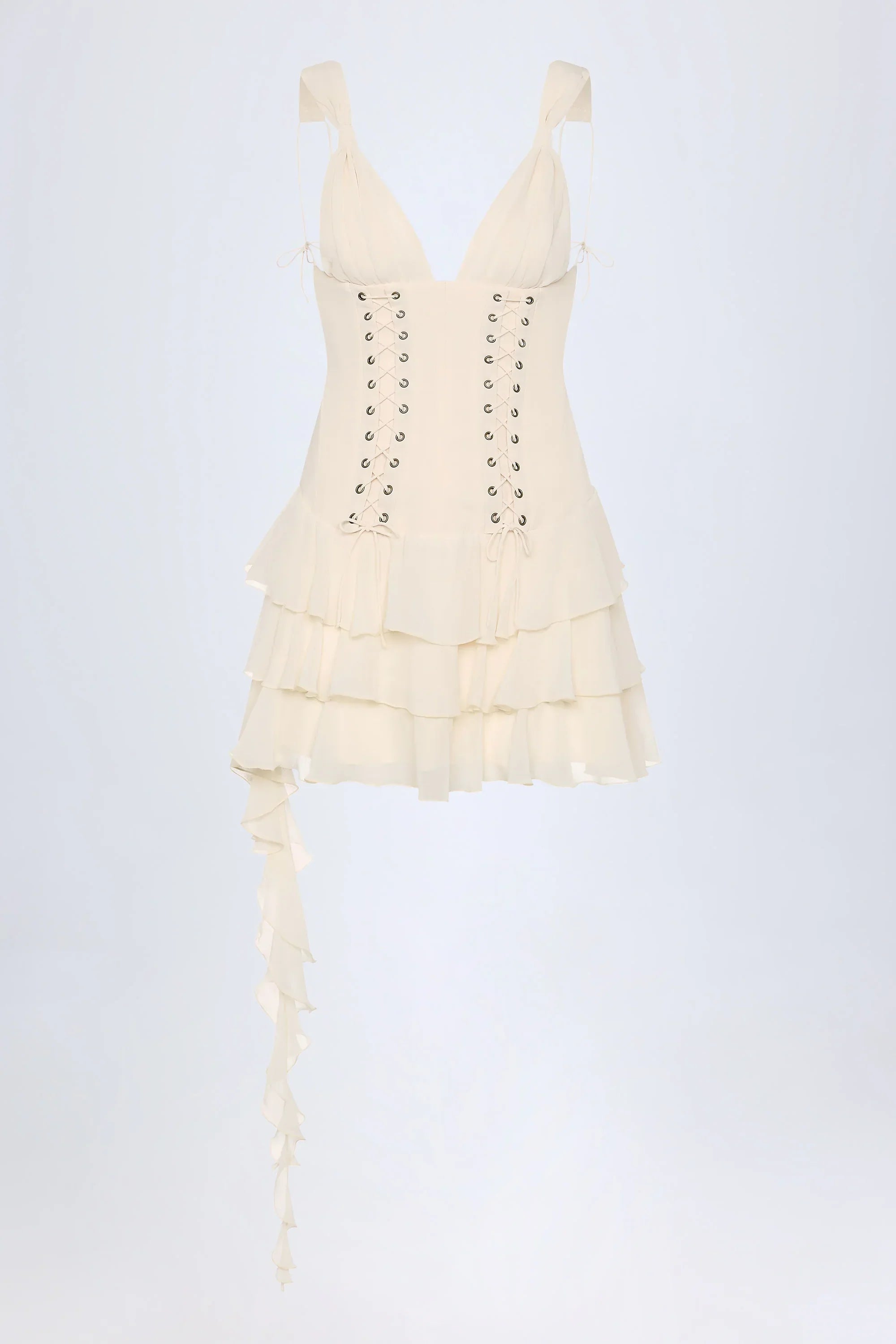 Lace Up Ruffled Tiered Mini Dress in Ivory