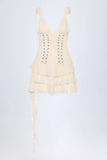 Lace Up Ruffled Tiered Mini Dress in Ivory