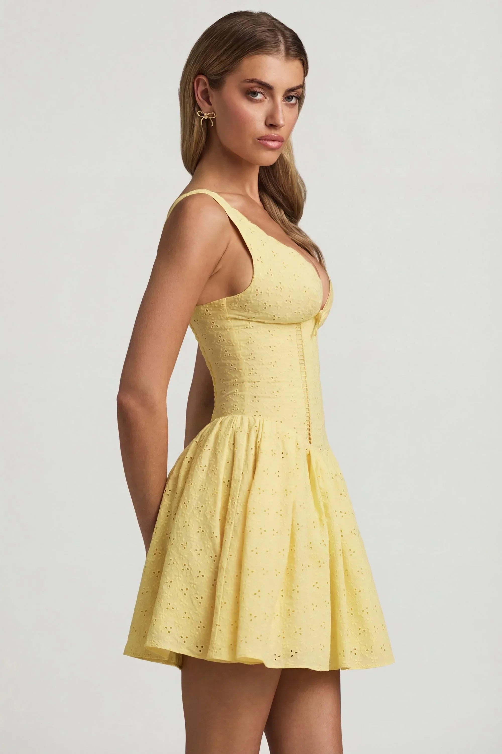 Broderie Anglaise Bow Detail A Line Mini Dress in Pastel Yellow