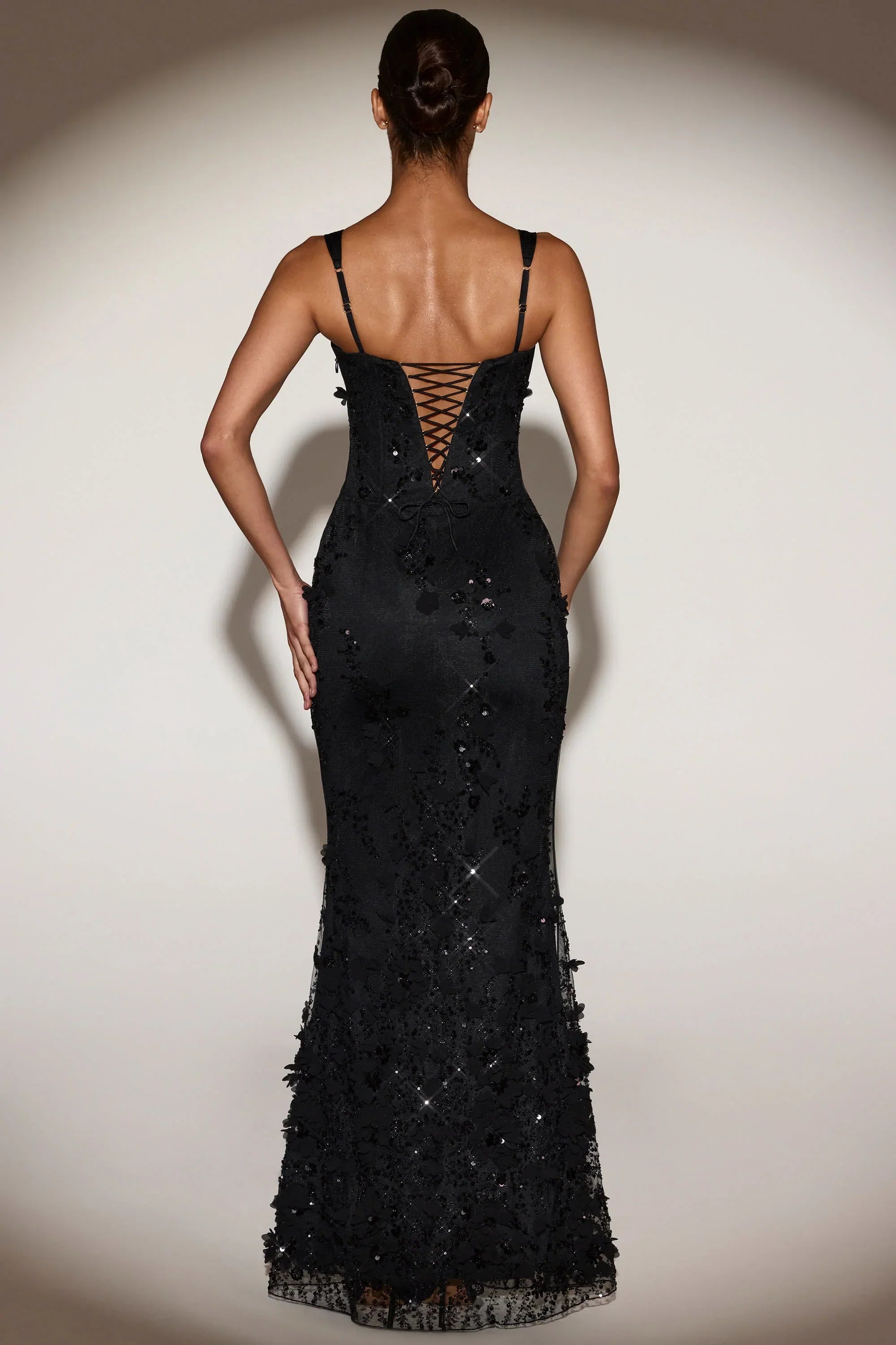 Embellished Appliqué Soft Scoop Corset Gown in Black