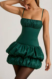 Satin Bubble Hem Corset Mini Dress in Emerald Green