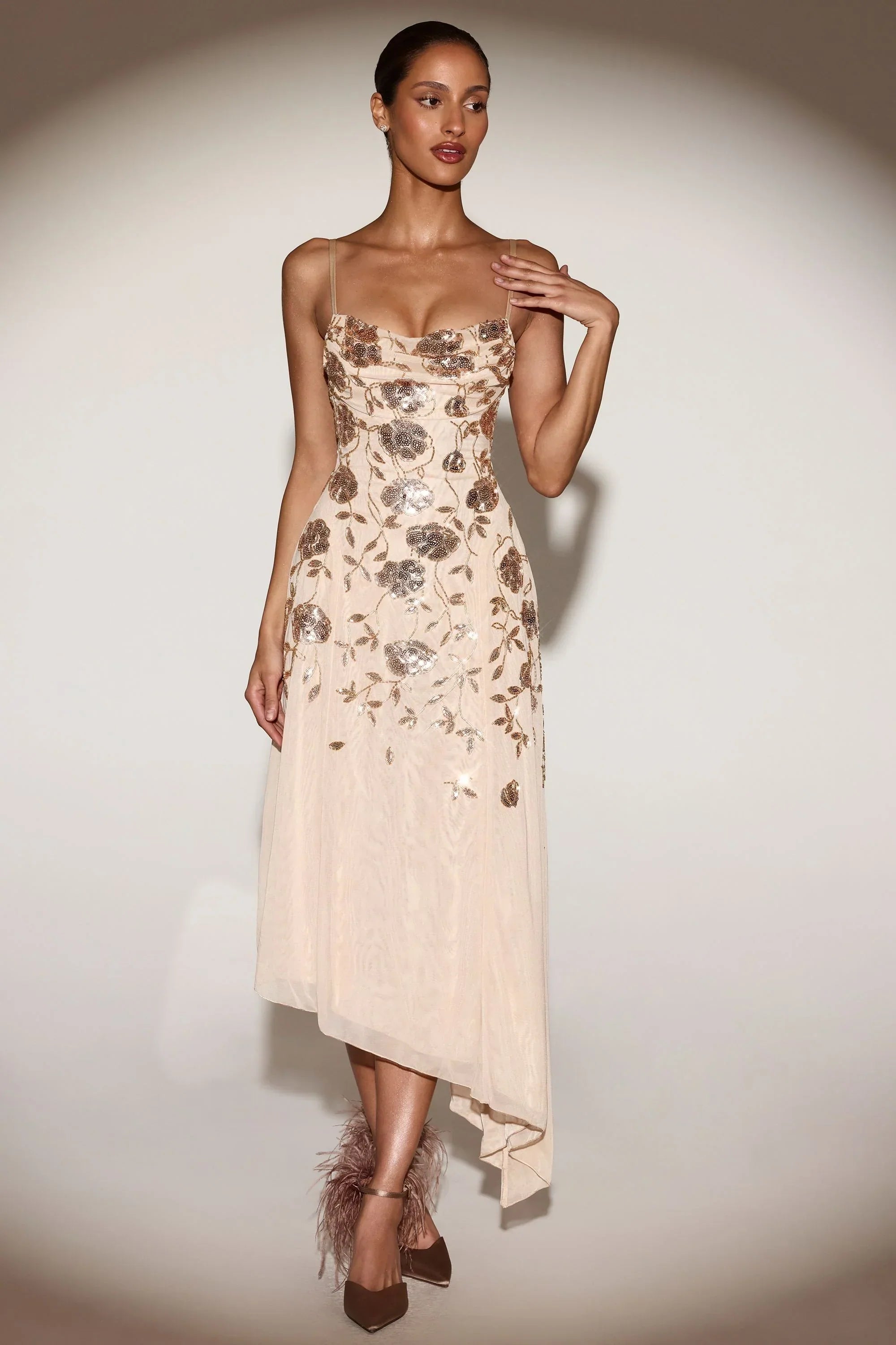 Embellished Soft Scoop Asymmetric Midaxi Dress in Gold