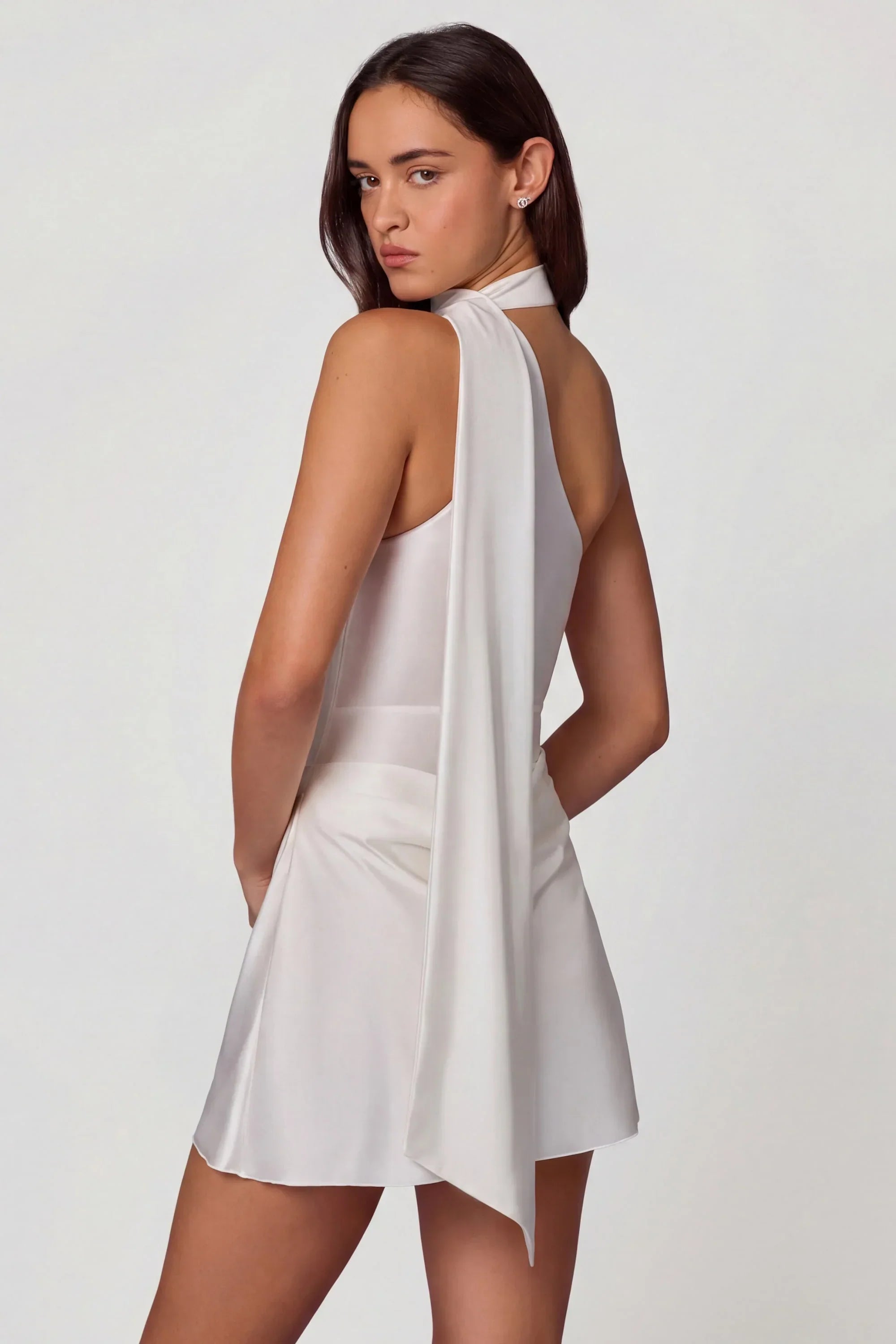 Asymmetric Scarf Detail Mini Dress in White