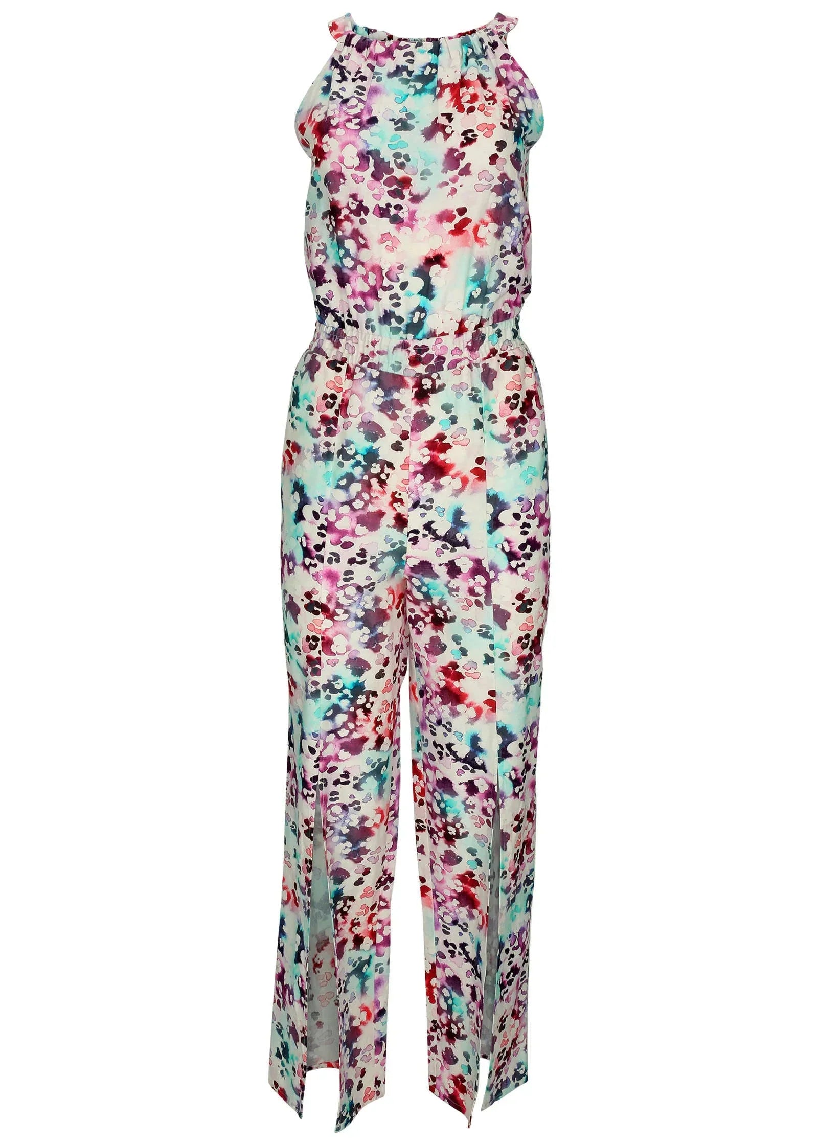 Linen Front Slit Jumpsuit Gouache Leopard Multi