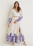 Printed Linen Two Piece Set Purple Paisley Border
