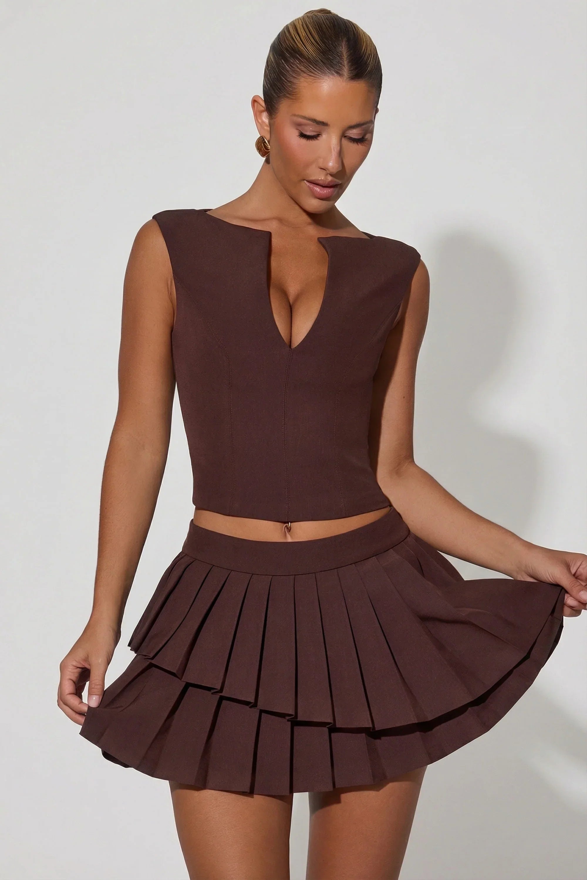 Layered Pleated Low Rise Mini Skirt in Chocolate Brown