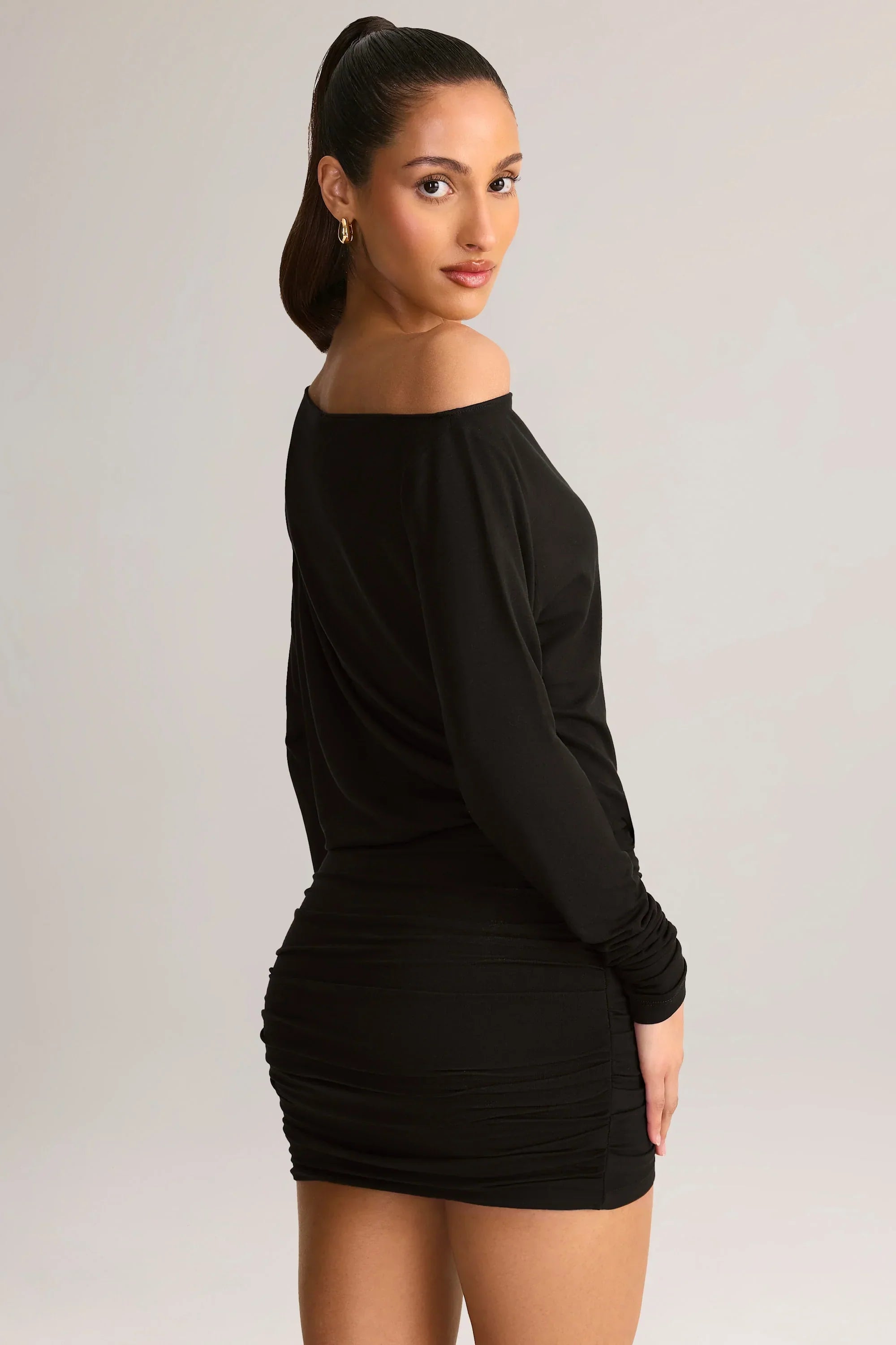 Modal Off Shoulder Wrap Mini Dress in Black
