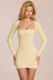 Scalloped Lace Long Sleeve Mini Dress in Lemon Yellow