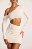 Textured Jersey Asymmetric Cut Out Mini Dress in Ivory