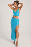 Embellished Low Rise Maxi Skirt in Turquoise