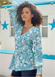 Balloon Sleeve Wrap Front Top Blue Paisley With Border