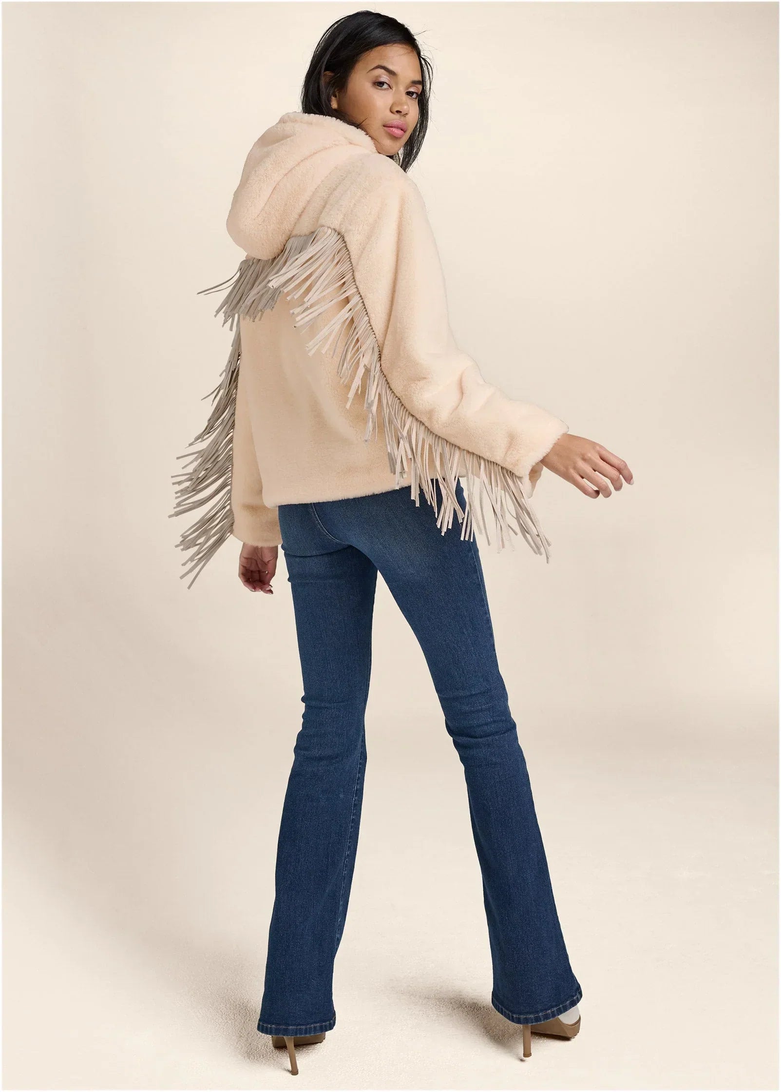 Faux Fur Bomber Jacket With Fringe Detail White