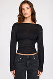 Sheer Jersey Long Sleeve Backless Top in Black