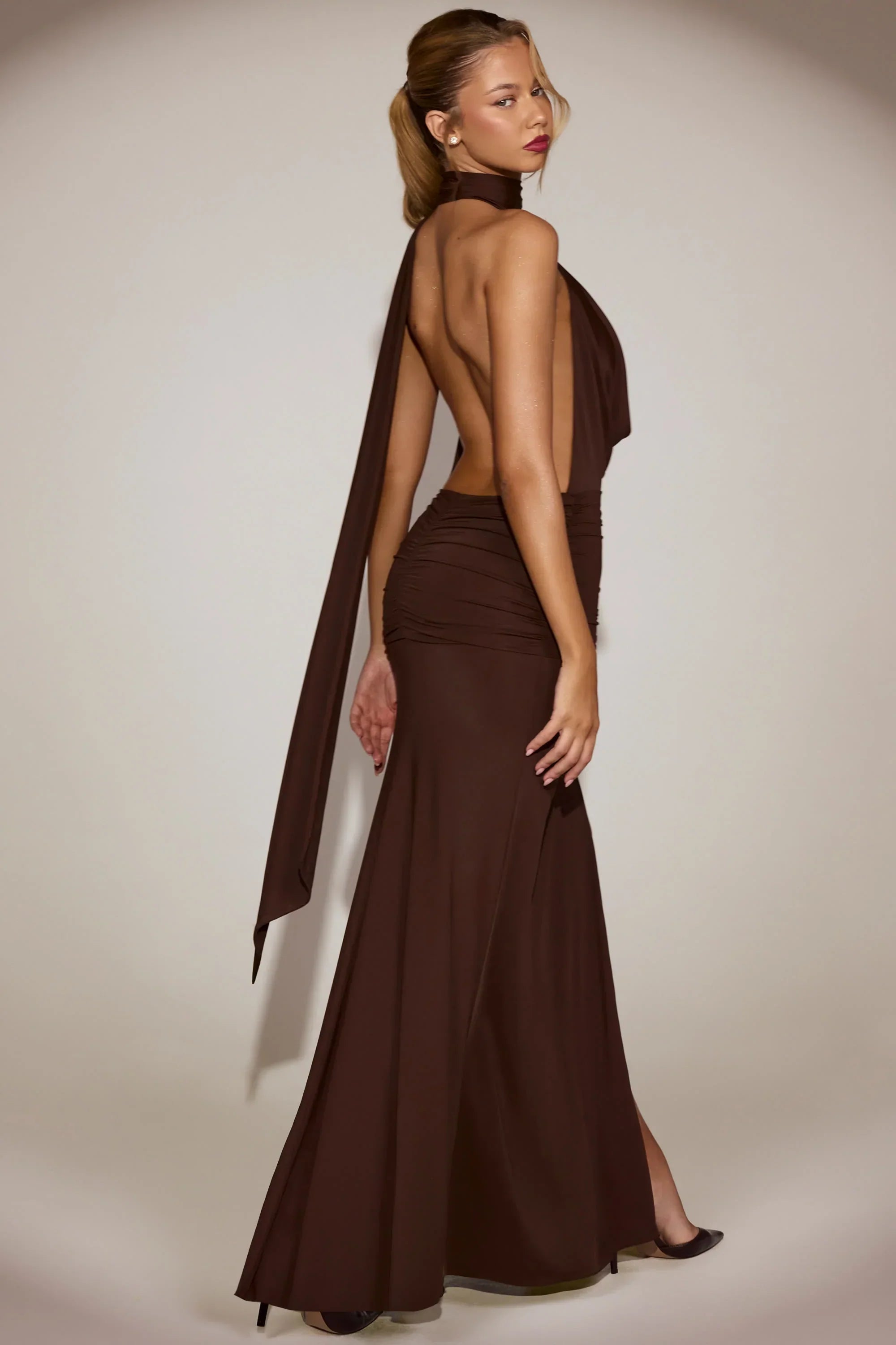 Soft Jersey Plunge Halterneck Maxi Dress in Chocolate Brown