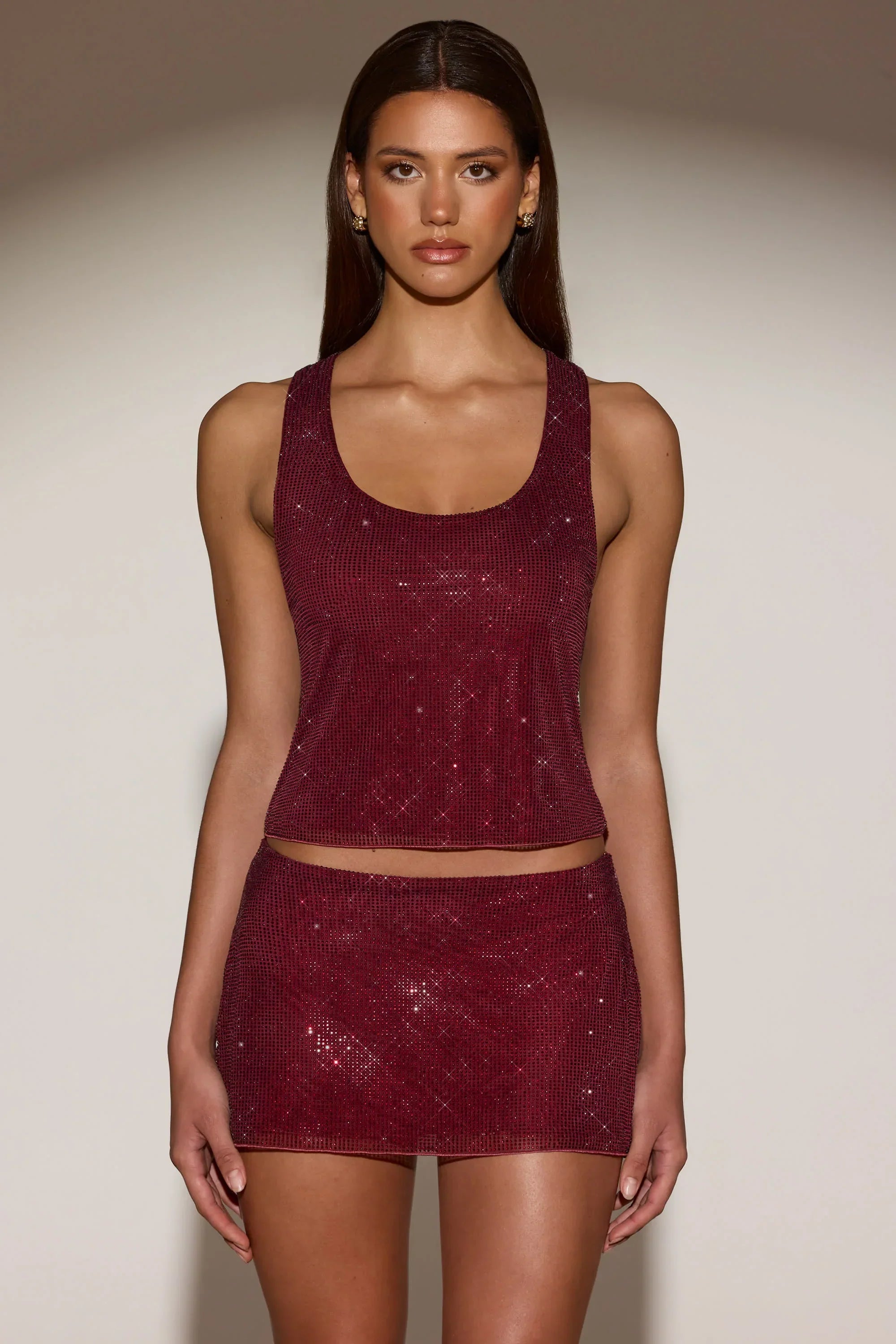 Embellished Jersey Scoop Neck Racerback Top in Burgundy