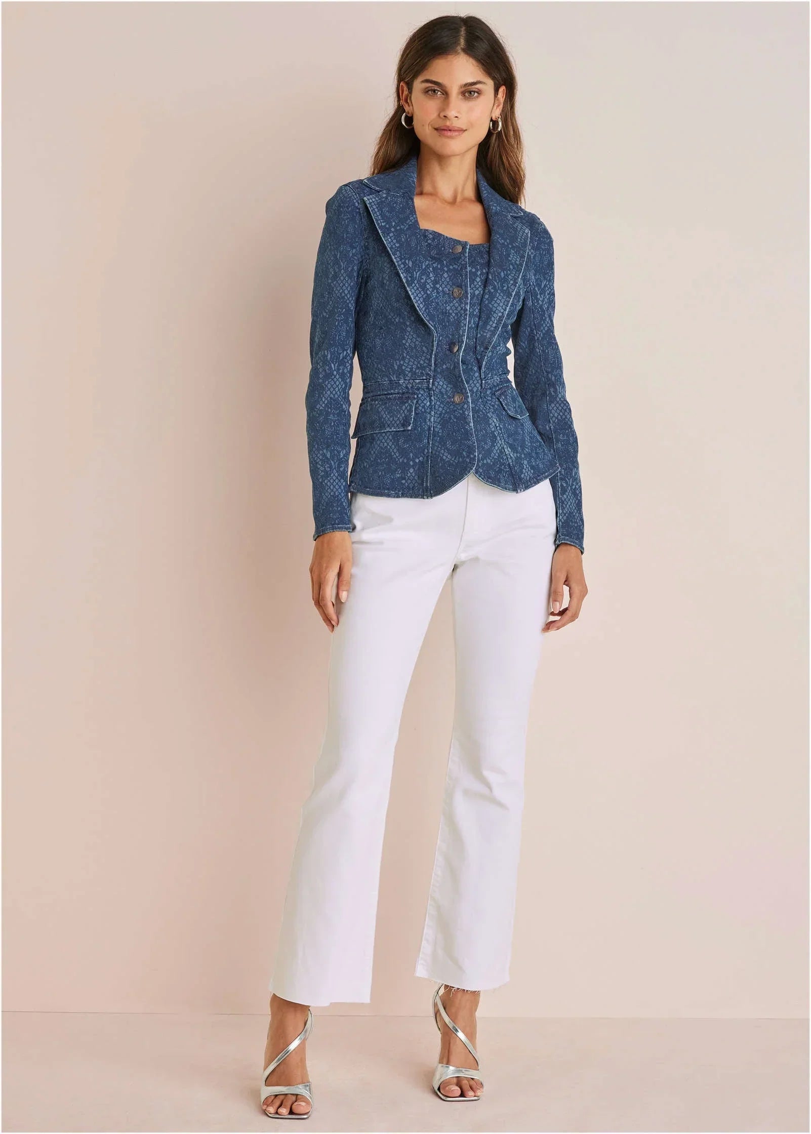 Lace Print Denim Blazer Medium Wash