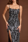 Embellished Peekaboo Cowl Neck Dress in Silver Snake
