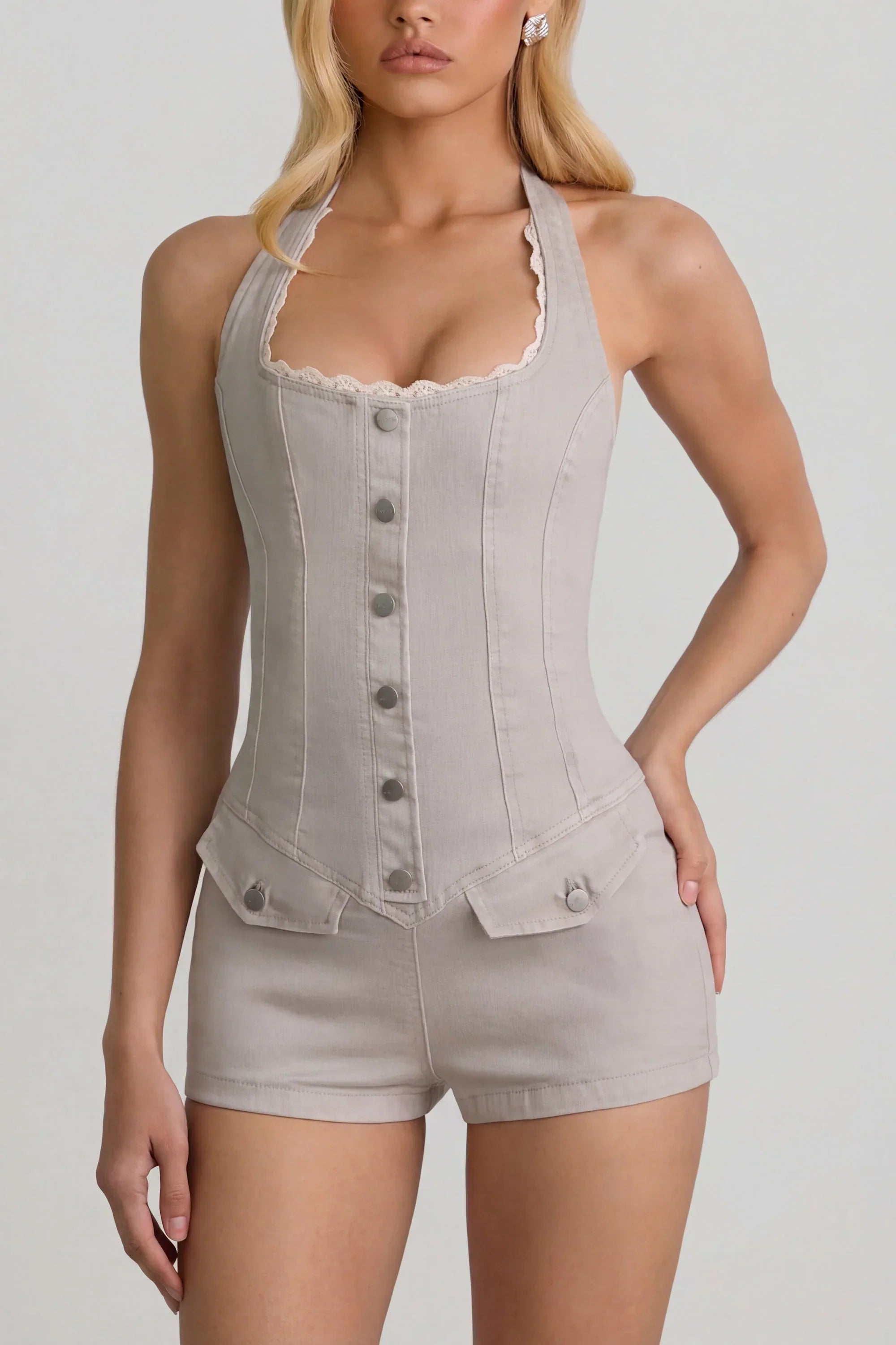 Button Down Halterneck Playsuit in Ecru